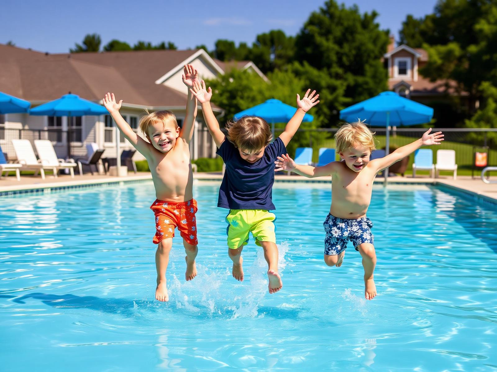 Children jumping into the pool together